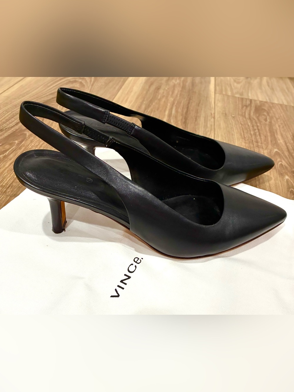 Vince Patrice Black Pointed-Toe Leather Slingback Kitten Heels - Women’s 8